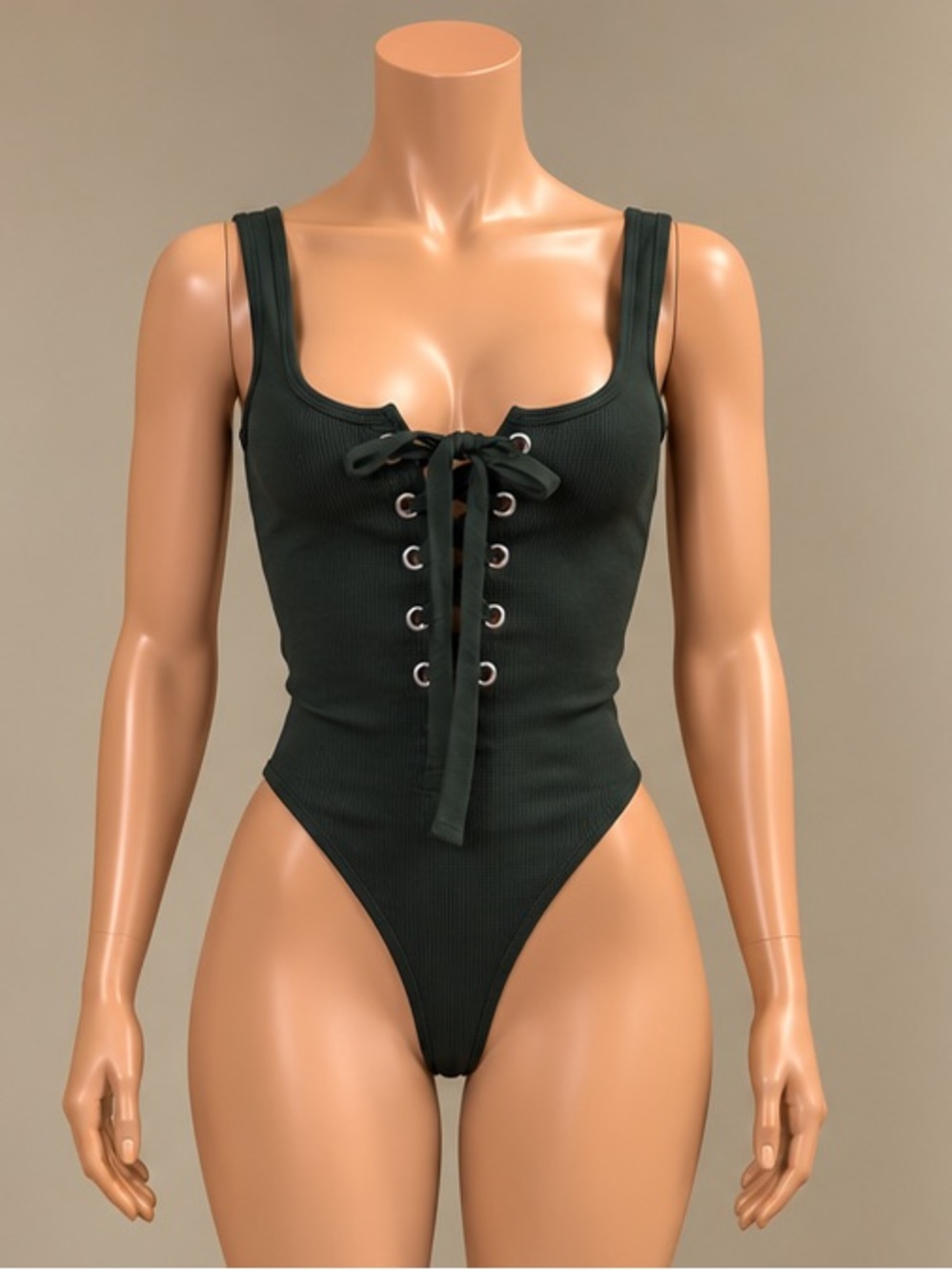 Tibi Dark Hunter Green Ribbed Knit Lace Up Thong Bodysuit XS NWOT